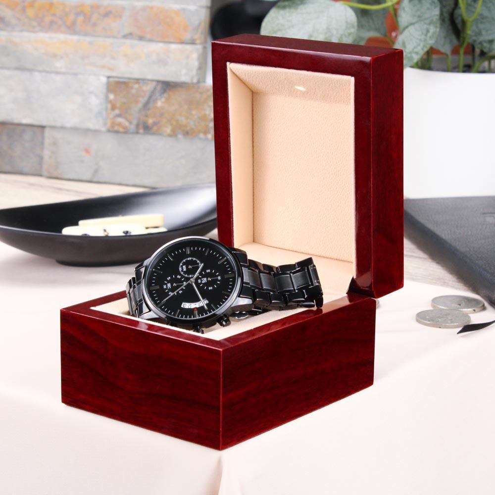 CardWelry 1 YEAR ANNIVERSARY GIFTS FOR HIM, CUSTOM ENGRAVED DESIGN MEN'S BLACK CHRONOGRAPH WATCH Jewelry