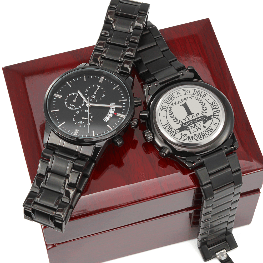 CardWelry 1 YEAR ANNIVERSARY GIFTS FOR HIM, CUSTOM ENGRAVED DESIGN MEN'S BLACK CHRONOGRAPH WATCH Jewelry Luxury Box