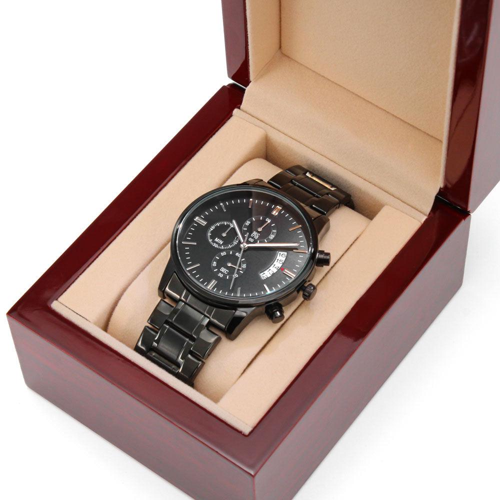 CardWelry 2 YEARS ANNIVERSARY GIFTS FOR HIM, CUSTOM ENGRAVED DESIGN MEN'S BLACK CHRONOGRAPH WATCH Jewelry