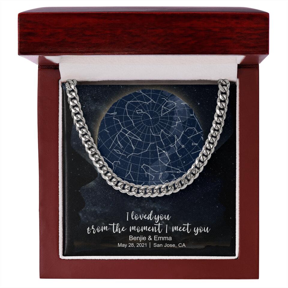 CardWelry Anniversary Gift for Him, Personalized Special Moments Star Map Moon Cuban Link Necklace V1 Customizer Stainless Steel w/Mahogany Style Box (w/LED) Two Toned Box Mahogany Style Box (W/LED)