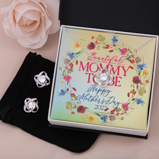 CardWelry Mommy To Be Happy Mother's Day Love Knot Earring & Necklace Set For Mother's Day Jewelry Standard Box