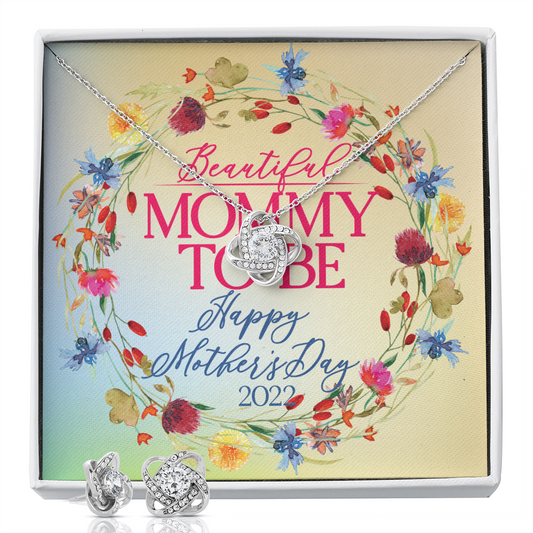 CardWelry Mommy To Be Happy Mother's Day Love Knot Earring & Necklace Set For Mother's Day Jewelry