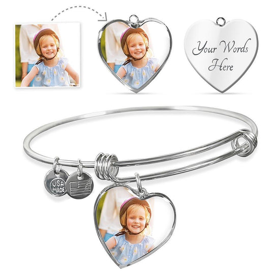 CardWelry Design by Moms Personalized Photo Heart Shaped Luxury Bangle Bracelet Silver or Gold Finish Jewelry Heart Pendant Silver Bangle No