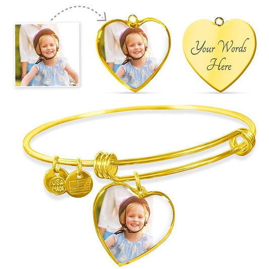 CardWelry Design by Moms Personalized Photo Heart Shaped Luxury Bangle Bracelet Silver or Gold Finish Jewelry Heart Pendant Gold Bangle No
