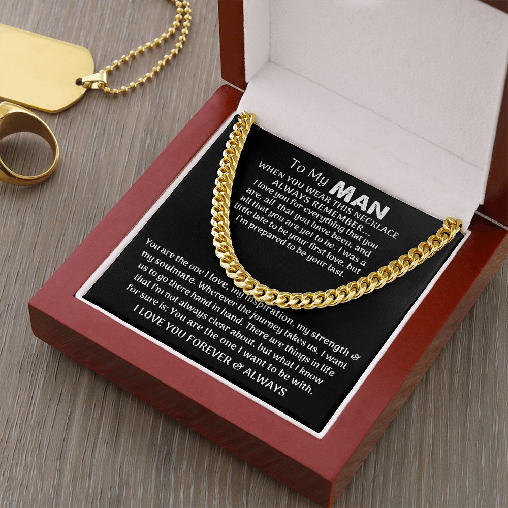 CardWelry Gift for Husband, Fiancé, Boyfriend, To My Man Cuban Chain Necklace for Him, Romantic Valentines Day Gift, Birthday Gifts for Him Jewelry 14K Yellow Gold Finish Luxury Box
