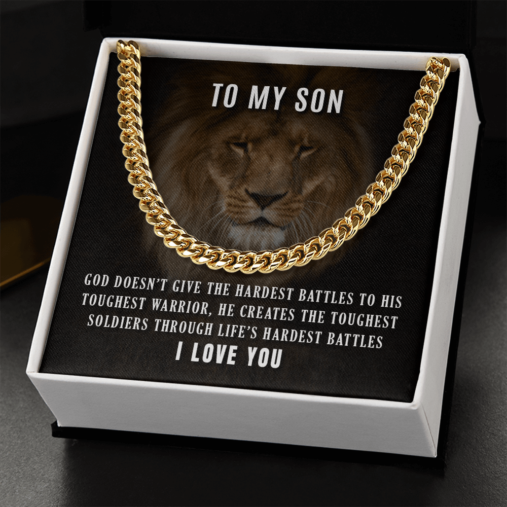 CardWelry Necklace for Son, To My Son Toughest Warrior Curb Necklace 14K White Gold 18K Yellow Gold Jewelry