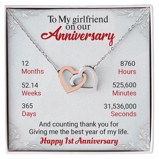 CardWelry Necklace To My Girlfriend on our Anniversary, Interlocked Heart Necklace 1 Year Anniversary Gift from Boyfriend Jewelry Two Toned Box