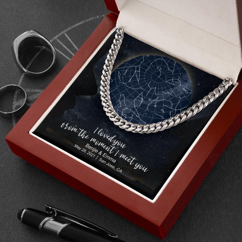 CardWelry Personalized Anniversary Gift for Him, Under this moon - When it all began, Star Map Cuban Link Necklace Customizer Stainless Steel w/Luxury Box W/LED