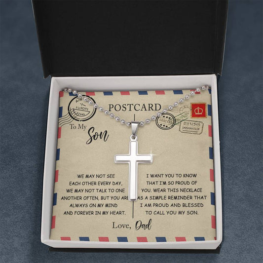 CardWelry Postcard To My Son Cross Necklace Gift from Dad Jewelry