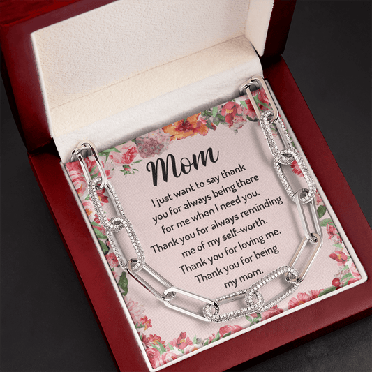CardWelry Thank you for being Mom Forever Linked Necklace, Mother's Day gift Idea Jewelry 14K White Gold Finish