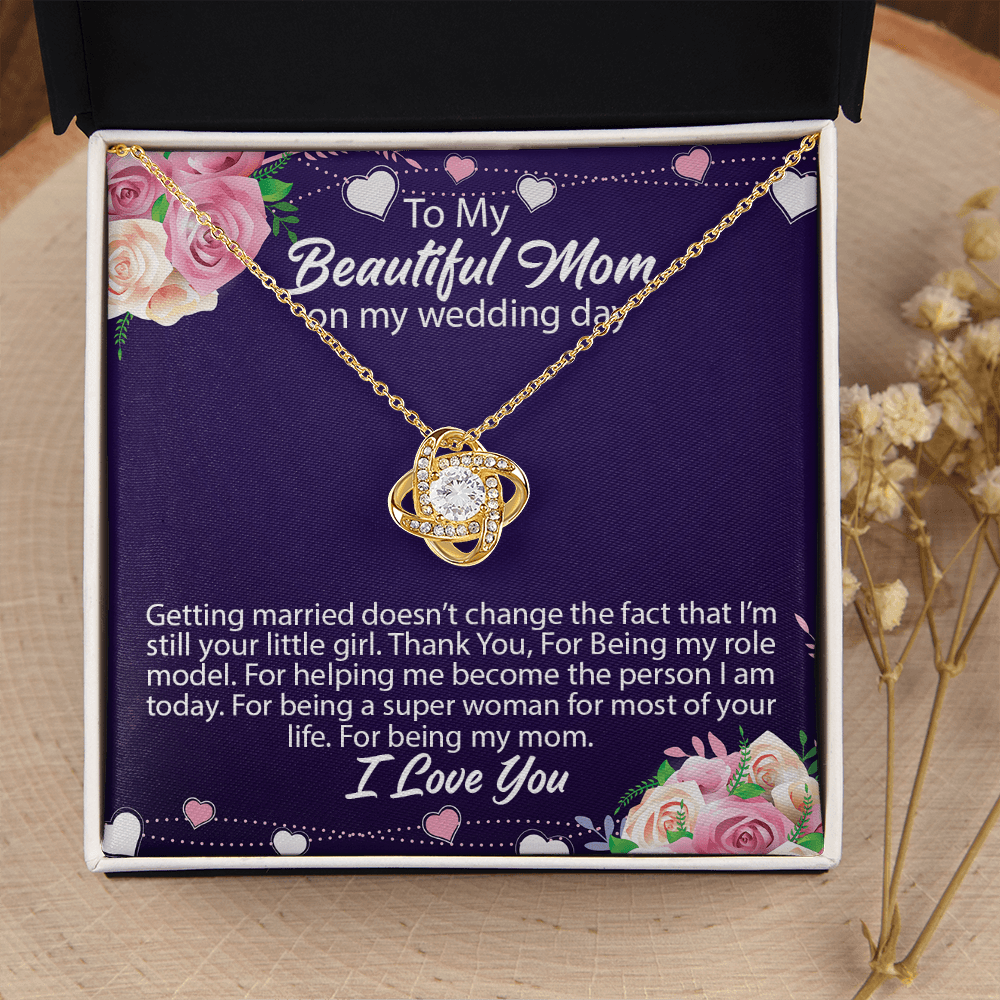 CardWelry To My Beautiful Mom on My Wedding Day Love Knot Necklace Gift From Bride to Mom Jewelry 18K Yellow Gold Finish Standard Box