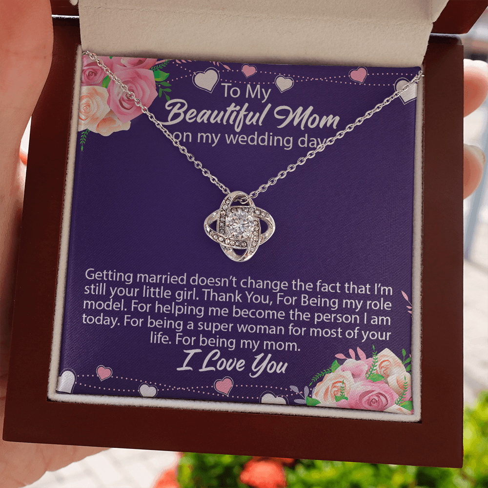CardWelry To My Beautiful Mom on My Wedding Day Love Knot Necklace Gift From Bride to Mom Jewelry 14K White Gold Finish Luxury Box