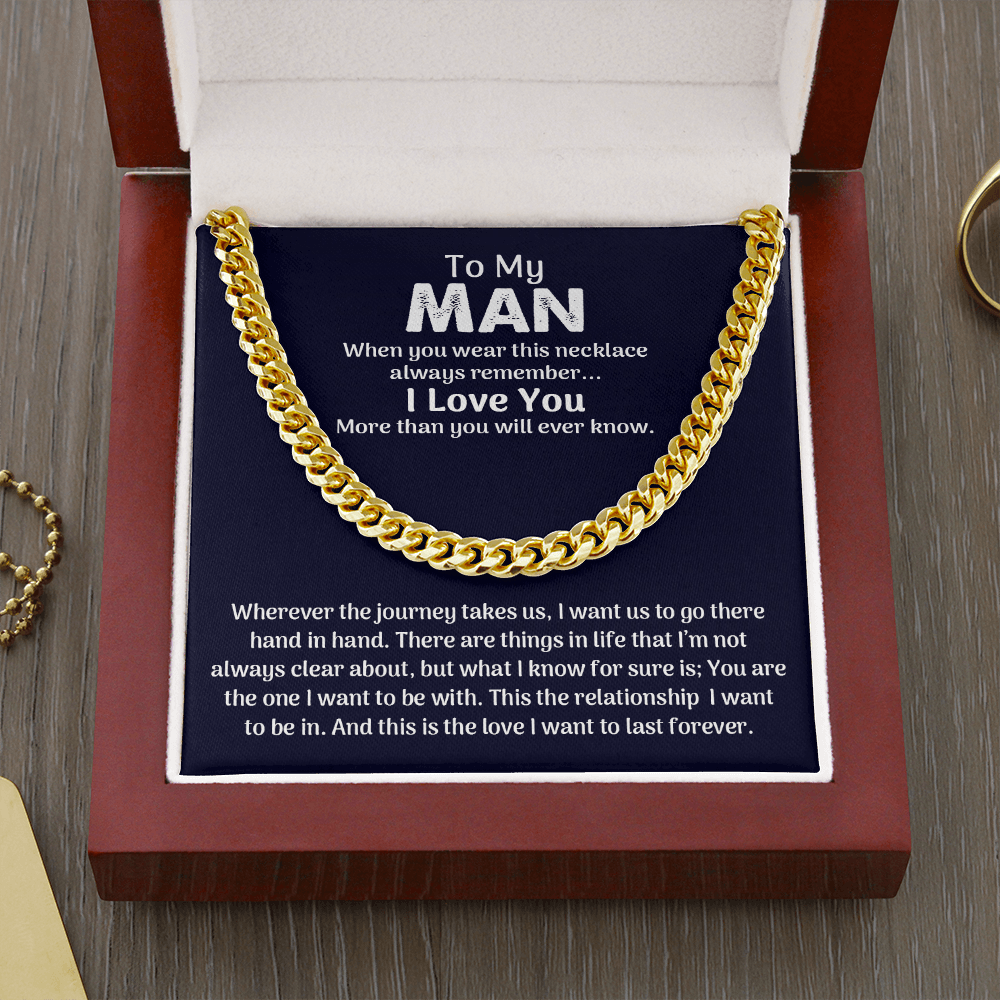 CardWelry To My Man Cuban Chain Necklace for Him, Romantic Birthday Gifts Anniversary Gifts for Him Jewelry 14K Gold Over Stainless Steel Cuban Link Chain Luxury Box