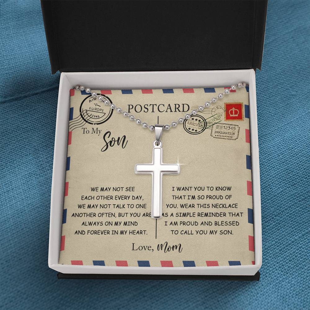 CardWelry To My Son Postcard Cross Necklace Gift from mom Jewelry Standard Box