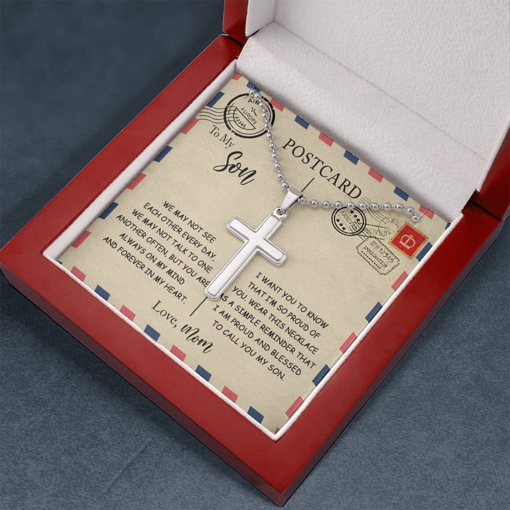 CardWelry To My Son Postcard Cross Necklace Gift from mom Jewelry