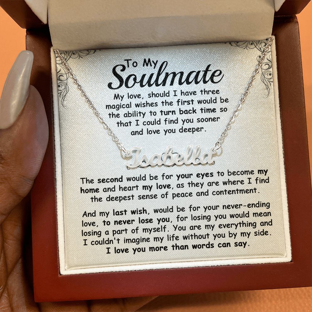 CardWelry To My Soulmate Name Necklace, Should I have Three Magical Wishes, Romantic Gift for Soulmate Jewelry Polished Stainless Steel Luxury Box