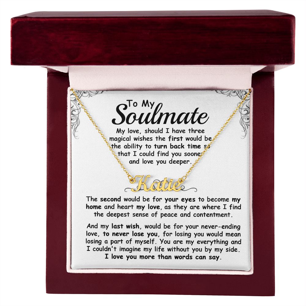 CardWelry To My Soulmate Name Necklace, Should I have Three Magical Wishes, Romantic Gift for Soulmate Jewelry 18k Yellow Gold Finish Luxury Box
