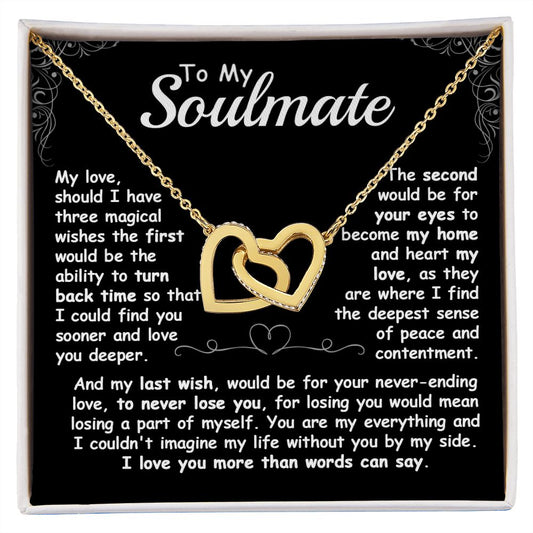CardWelry To my Soulmate, Should I have three magical Wishes Interlocking Heart Necklace Gift for her Jewelry 18K Yellow Gold Finish Standard Box
