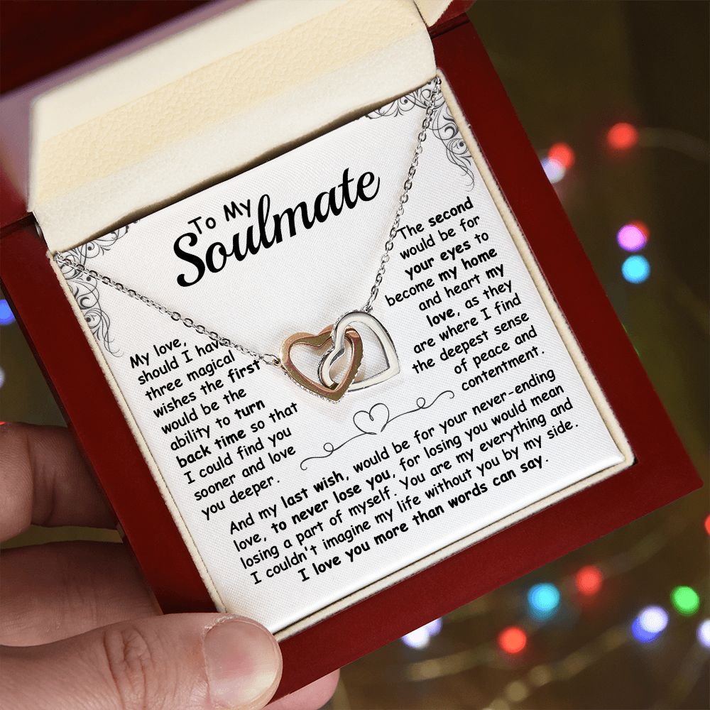 CardWelry To my Soulmate, Should I have three magical Wishes Interlocking Heart Necklace Gift for her Jewelry