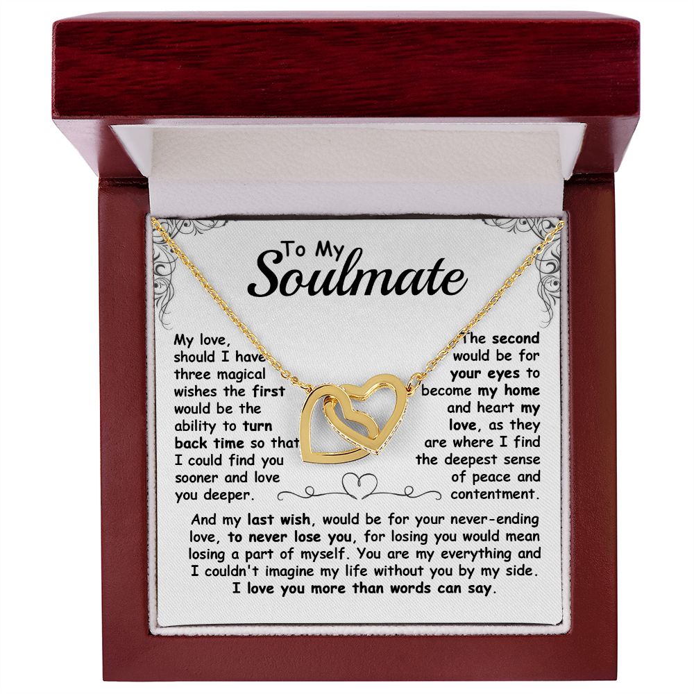 CardWelry To my Soulmate, Should I have three magical Wishes Interlocking Heart Necklace Gift for her Jewelry 18K Yellow Gold Finish Luxury Box