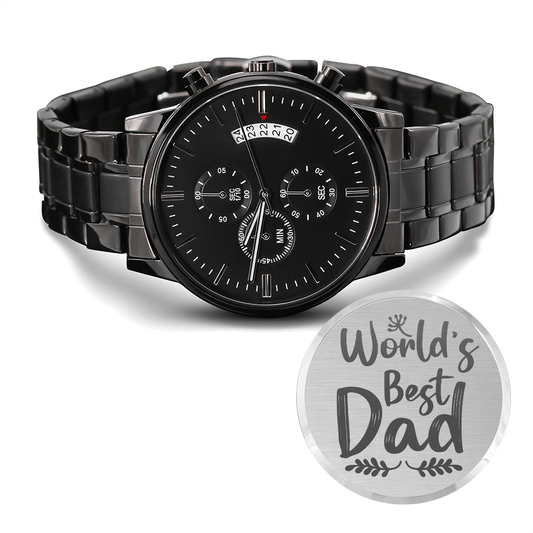CardWelry Words Best Dad- Engraved Design Black Chronograph Watch Fathers Day Gift Idea Watch Standard Box
