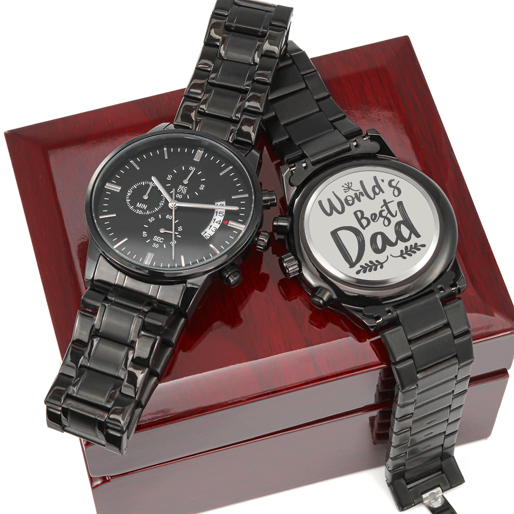 CardWelry Words Best Dad- Engraved Design Black Chronograph Watch Fathers Day Gift Idea Watch Luxury Box