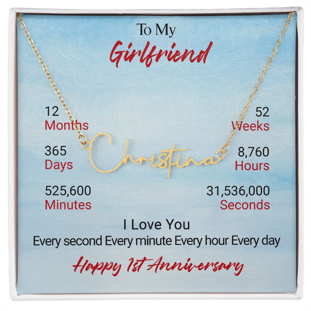 CardWelry 1st Anniversary Girlfriend Gift Signature Style Name Necklace Jewelry Gold Finish Over Stainless Steel Standard Box