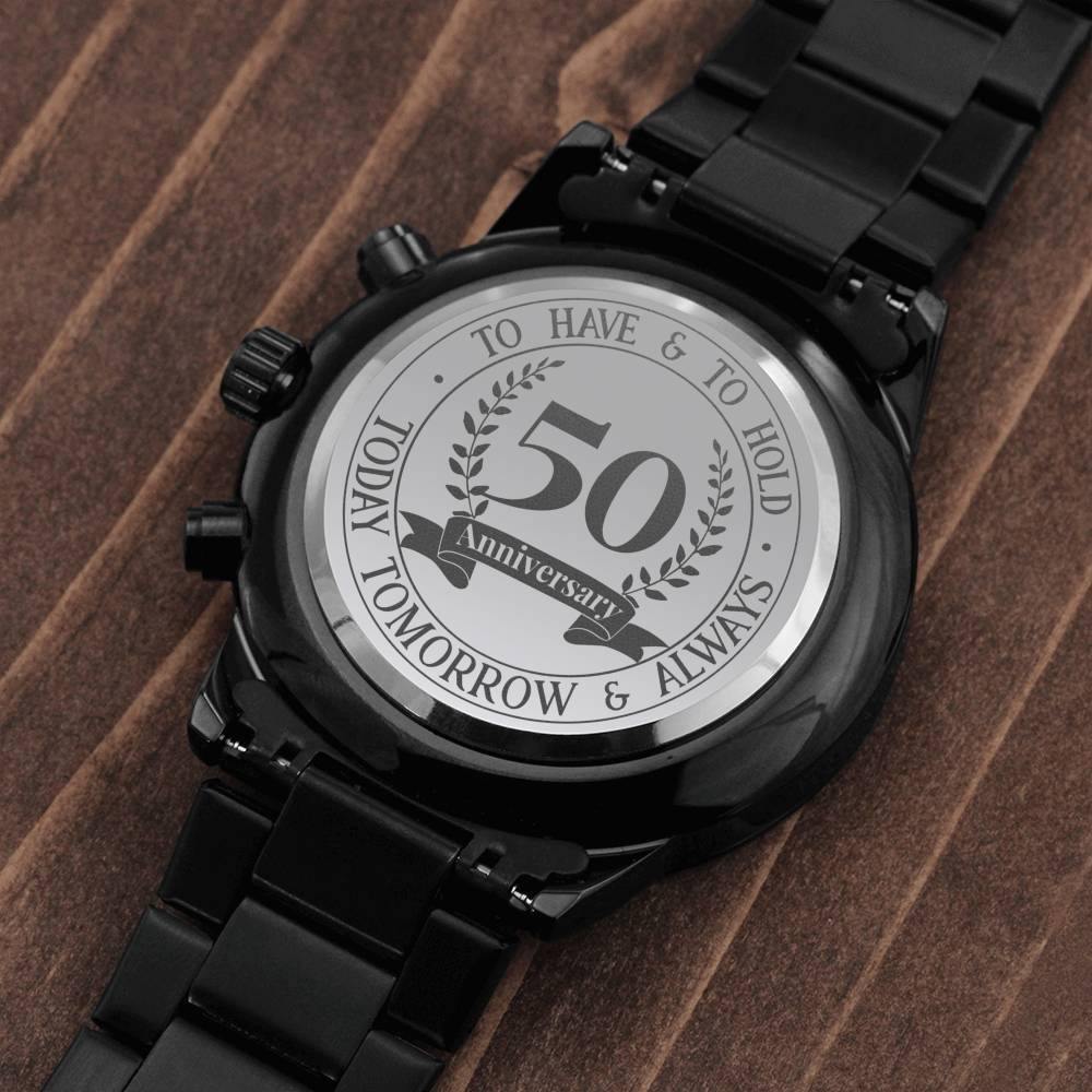 CardWelry 2023 Golden Anniversary Gifts, 50th anniversary gifts for Him, Engraved Mens Black Chronograph Watch Jewelry Default Title
