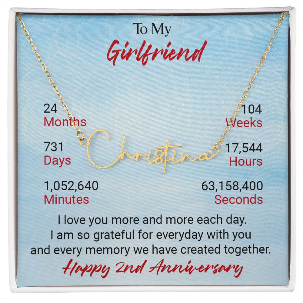 CardWelry 2nd Anniversary Gift for Girlfriend Signature Style Name Necklace Jewelry Gold Finish Over Stainless Steel Standard Box