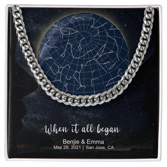 CardWelry Personalized Anniversary Gift for Him, Under this moon - When it all began, Star Map Cuban Link Necklace Customizer Stainless Steel w/Two Toned Box