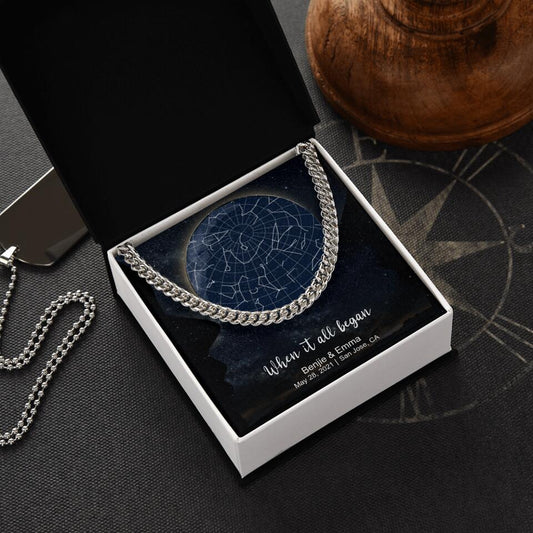 CardWelry Personalized Anniversary Gift for Him, Under this moon - When it all began, Star Map Cuban Link Necklace Customizer