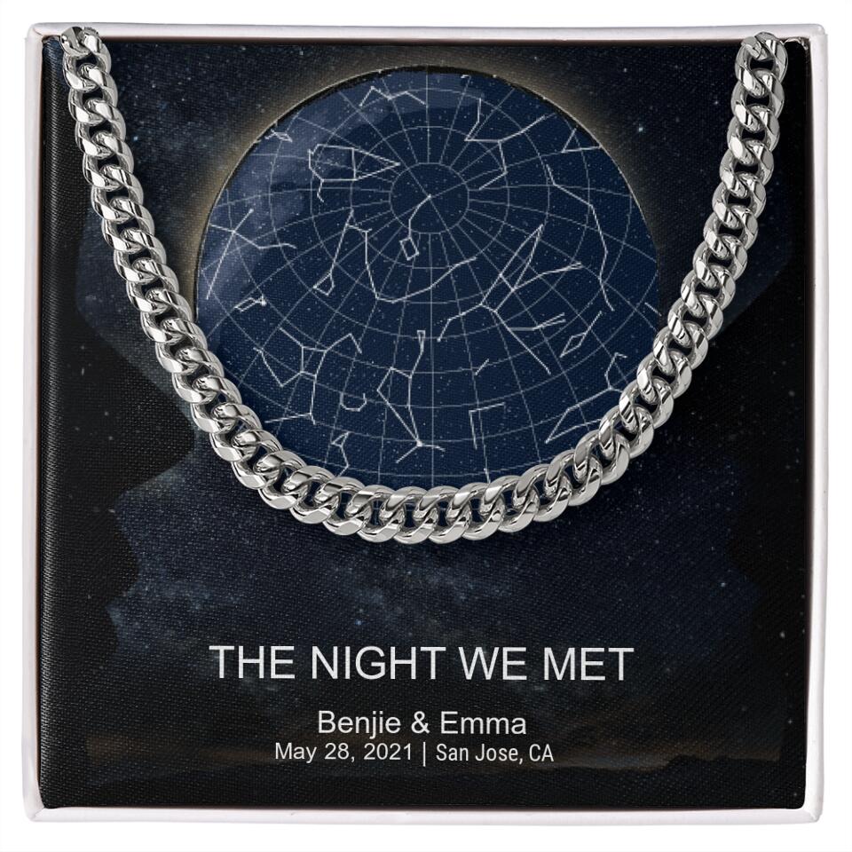 CardWelry Personalized Anniversary Gift for Him, The Night we Met Star Map Cuban Link Necklace Customizer Stainless Steel w/Two Toned Box