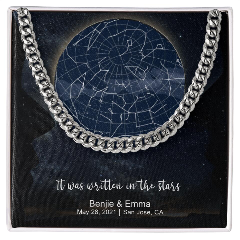 CardWelry Personalized Anniversary Gift for Him, It was written in the star , Star Map Cuban Link Necklace Customizer Stainless Steel w/Two Toned Box