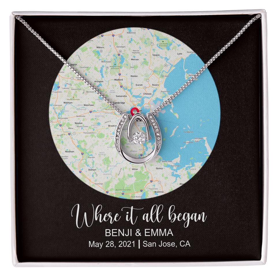 CardWelry Personalized Where It All Began GPS Map for Couple and Soulmates Necklace Anniversary Gifts for Her Customizer Two Toned Box Two Toned Box Mahogany Style Box (W/LED)