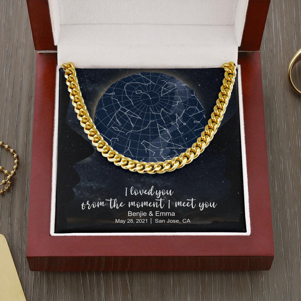 CardWelry Anniversary Gift for Him, Personalized Special Moments Star Map Moon Cuban Link Necklace V1 Customizer Gold w/Mahogany Style Box (w/LED) Two Toned Box Mahogany Style Box (W/LED)