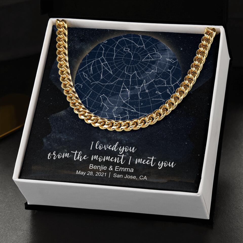 CardWelry Anniversary Gift for Him, Personalized Under This Moon When Our Forever Started, Star Map Cuban Link Necklace Customizer Gold Finish w/Two Toned Box