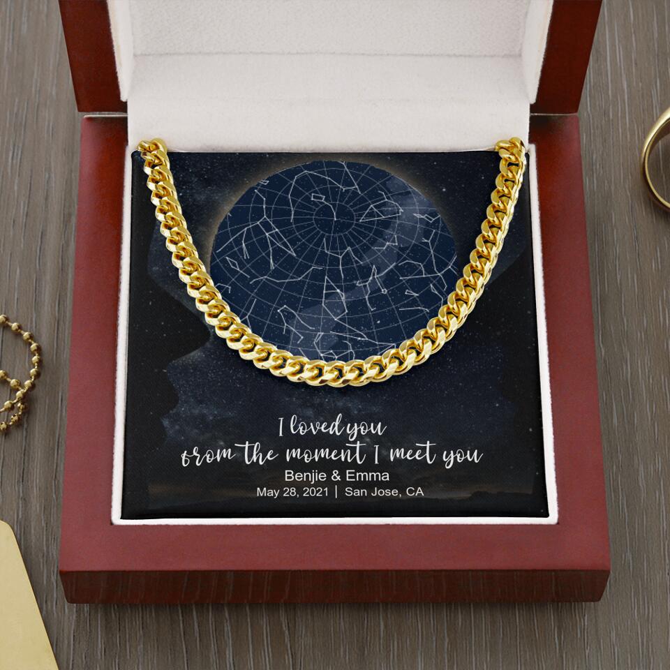 CardWelry Anniversary Gift for Him, Personalized Under This Moon When Our Forever Started, Star Map Cuban Link Necklace Customizer Gold Finish w/Luxury Box W/LED