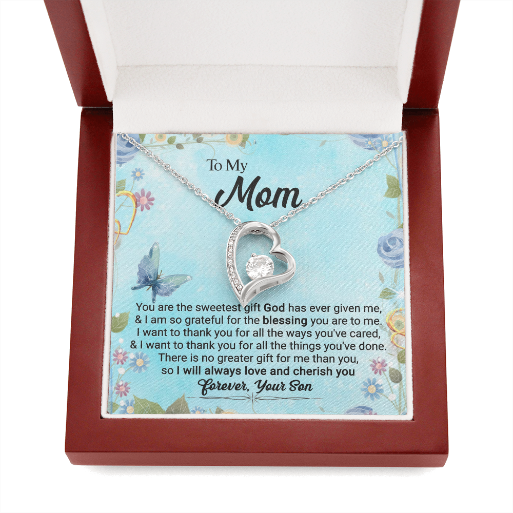 CardWelry To My Mom, You Are The Sweetest Gift God Has Ever Given Me, Love Always, Your Son - Forever Love Necklace Jewelry 14k White Gold Finish Luxury Box