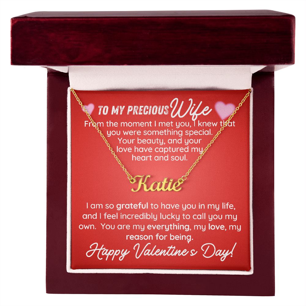 CardWelry To My Precious Wife Happy Valentine's Day Name Necklace Gift Jewelry 18k Yellow Gold Finish Luxury Box