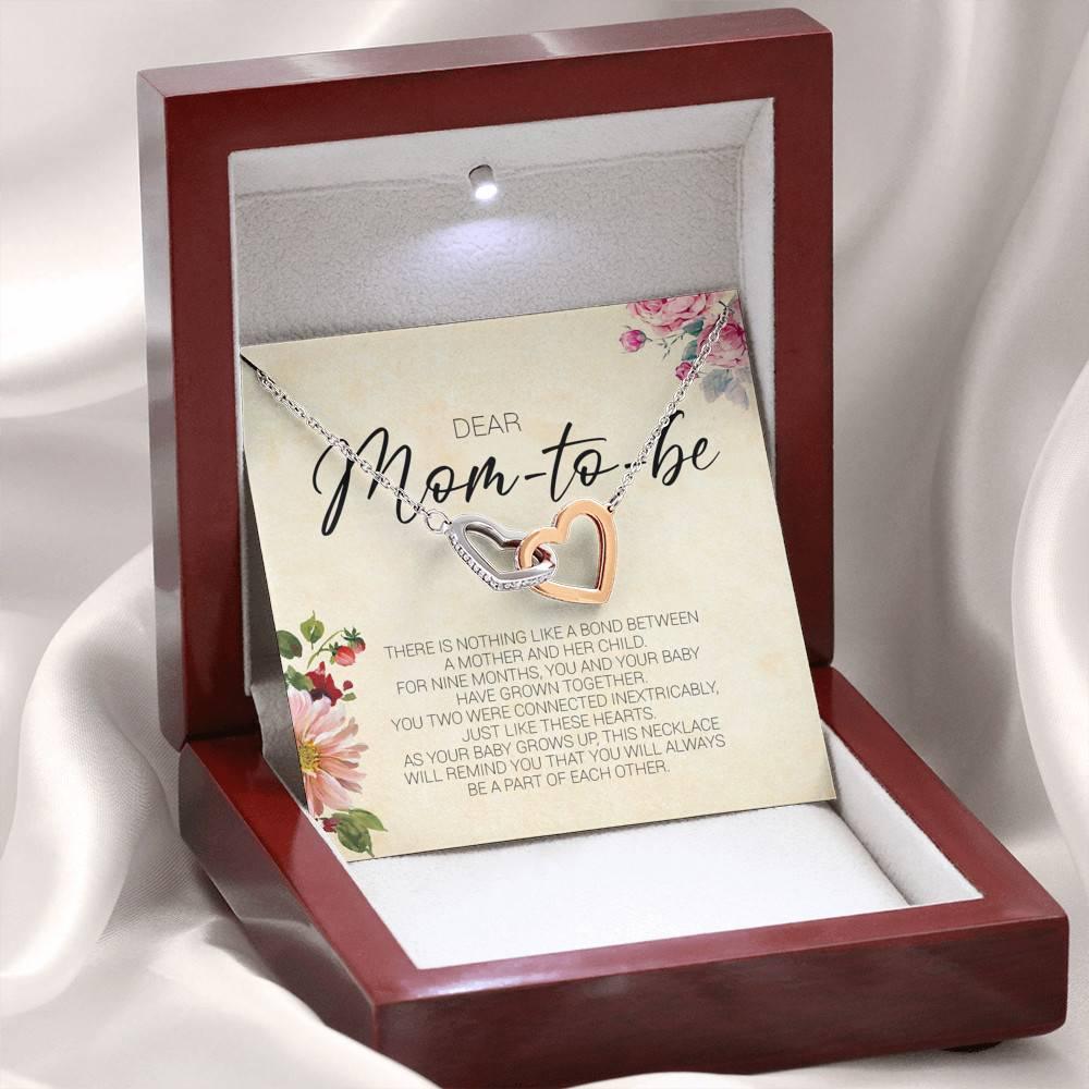 CardWelry Dear Mom-to-be Interlocking Hearts Necklace with On Demand Message Card (Mahogany Style Luxury Box)
