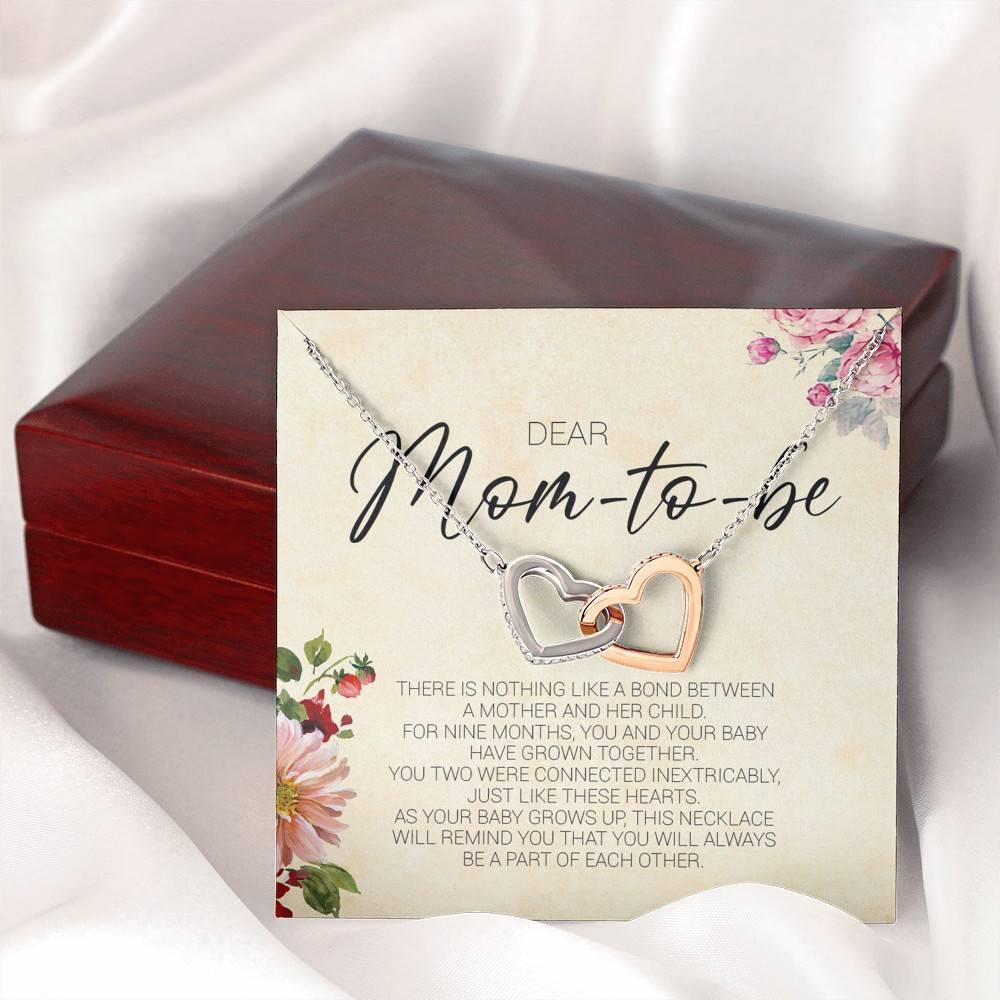 CardWelry Dear Mom-to-be Interlocking Hearts Necklace with On Demand Message Card (Mahogany Style Luxury Box)