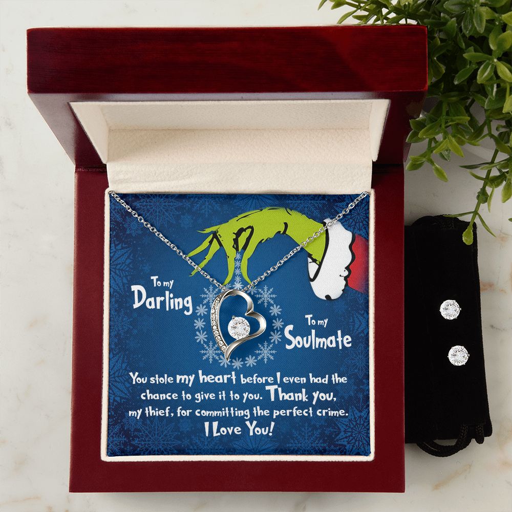 CardWelry Funny Grinch Stole My Heart To My Darling, To My Soulmate Christmas Card Necklace Gift Jewelry