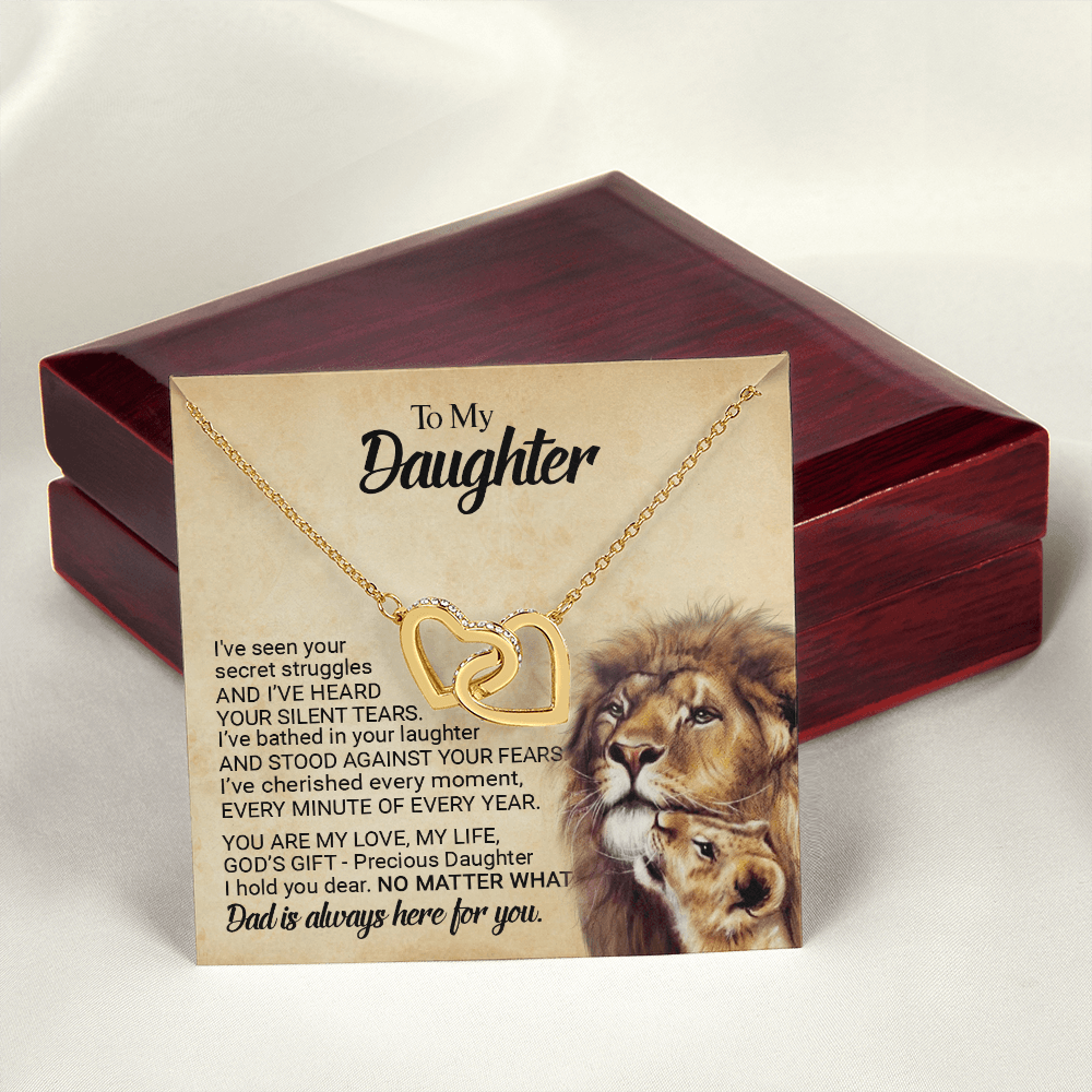 CardWelry Gift for Daughter form Dad, To My Precious Daughter Interlocking Heart Necklace Jewelry 18K Yellow Gold Finish Luxury Box