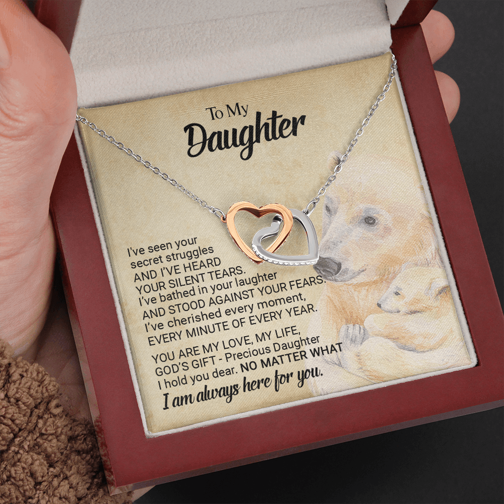 CardWelry Gift for Daughter form Mom, Bear Mom To My Precious Daughter Interlocking Heart Necklace Jewelry Polished Stainless Steel & Rose Gold Finish Luxury Box