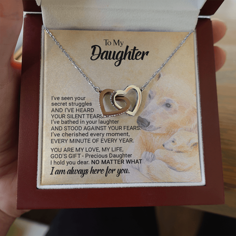 CardWelry Gift for Daughter form Mom, Bear Mom To My Precious Daughter Interlocking Heart Necklace Jewelry
