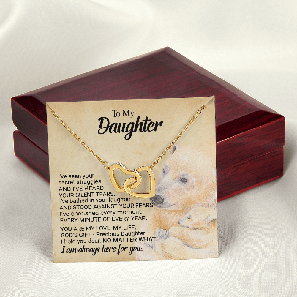 CardWelry Gift for Daughter form Mom, Bear Mom To My Precious Daughter Interlocking Heart Necklace Jewelry 18K Yellow Gold Finish Luxury Box