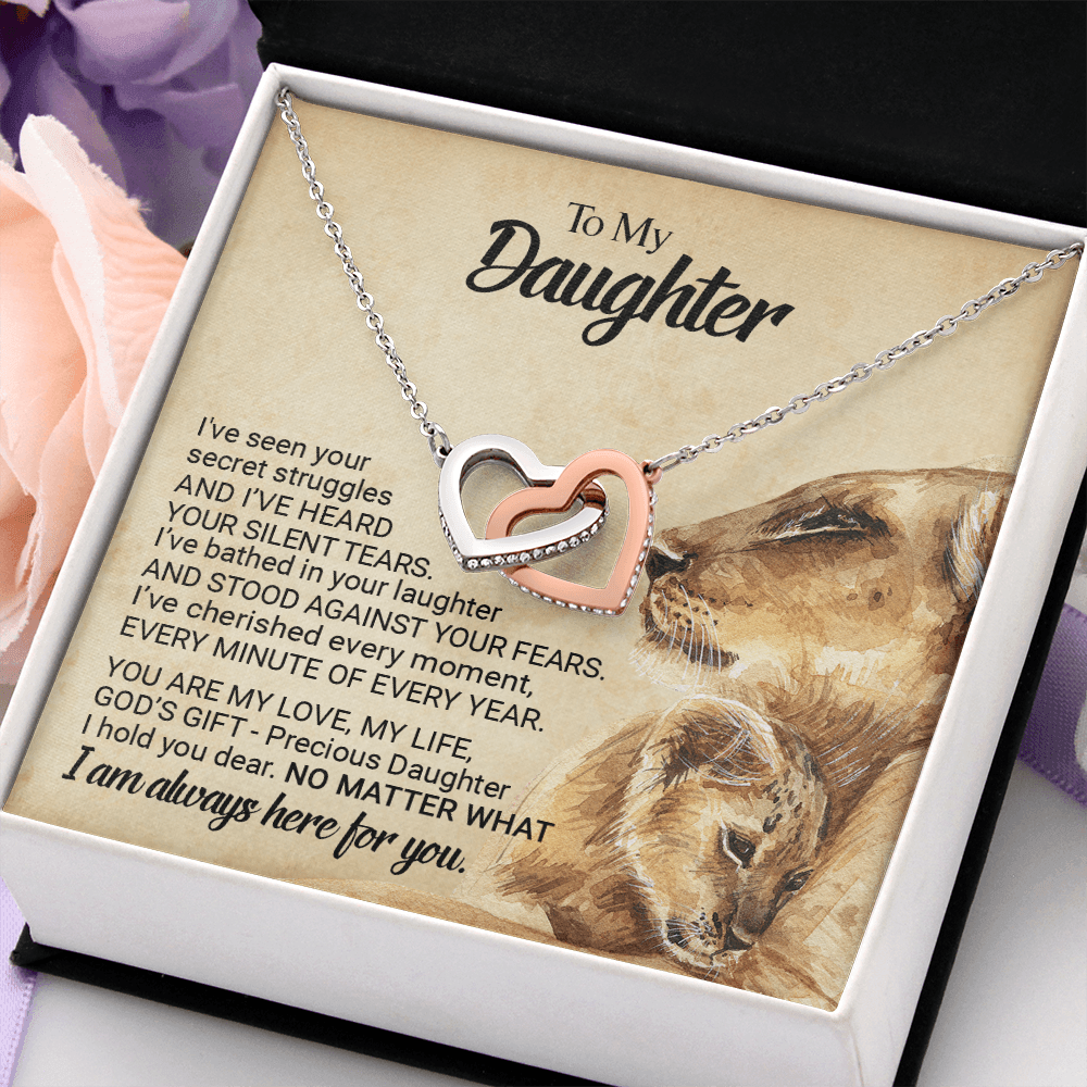 CardWelry Gift for Daughter form Mom, To My Precious Daughter Interlocking Heart Necklace Jewelry Polished Stainless Steel & Rose Gold Finish Standard Box