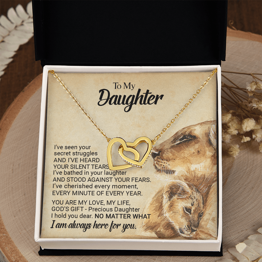 CardWelry Gift for Daughter form Mom, To My Precious Daughter Interlocking Heart Necklace Jewelry 18K Yellow Gold Finish Standard Box