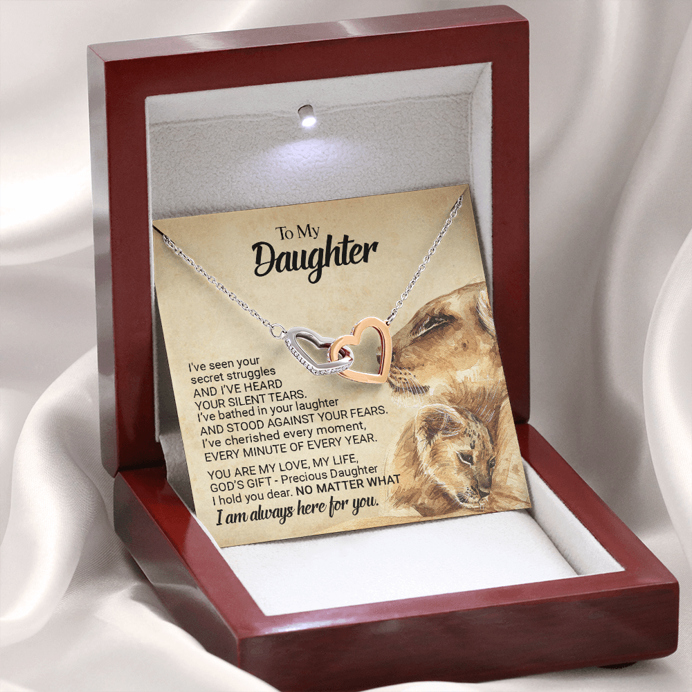 CardWelry Gift for Daughter form Mom, To My Precious Daughter Interlocking Heart Necklace Jewelry Polished Stainless Steel & Rose Gold Finish Luxury Box