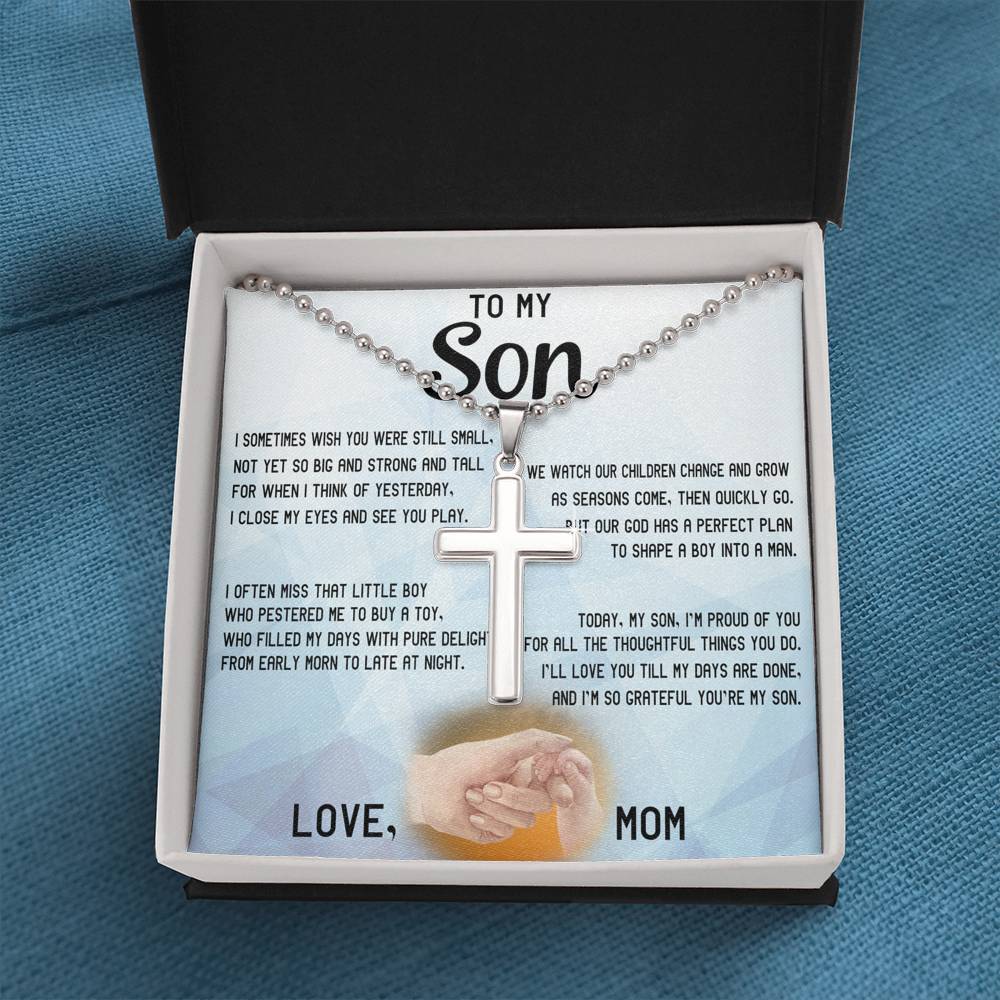 CardWelry Gift for Son Stainless Cross Necklace, Today My Son I am Proud of you, Love Mom Jewelry Standard Box